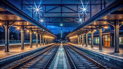 A train station at night with glowing lights and empty platforms, train station, night, transportation, railway