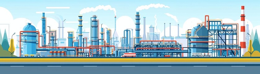Obraz premium Advanced oil refining flat design front view theme industrial cartoon drawing Triadic Color Scheme