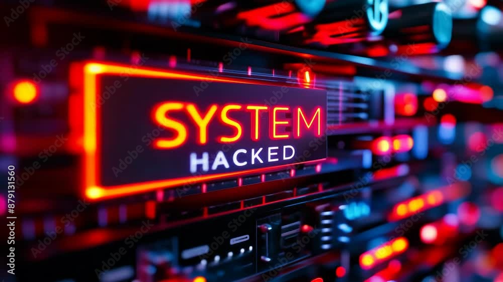 Poster system hacked alert on a server data panel with glowing code illustrating cyber security breach at n