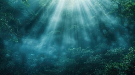 Fototapeta premium Sunbeams filtering through dense fog in forest