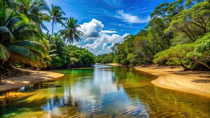 Fototapeta premium Beautiful view of a tropical jungle river at the beach of Masoala National Park in Madagascar, Madagascar, Masoala National Park