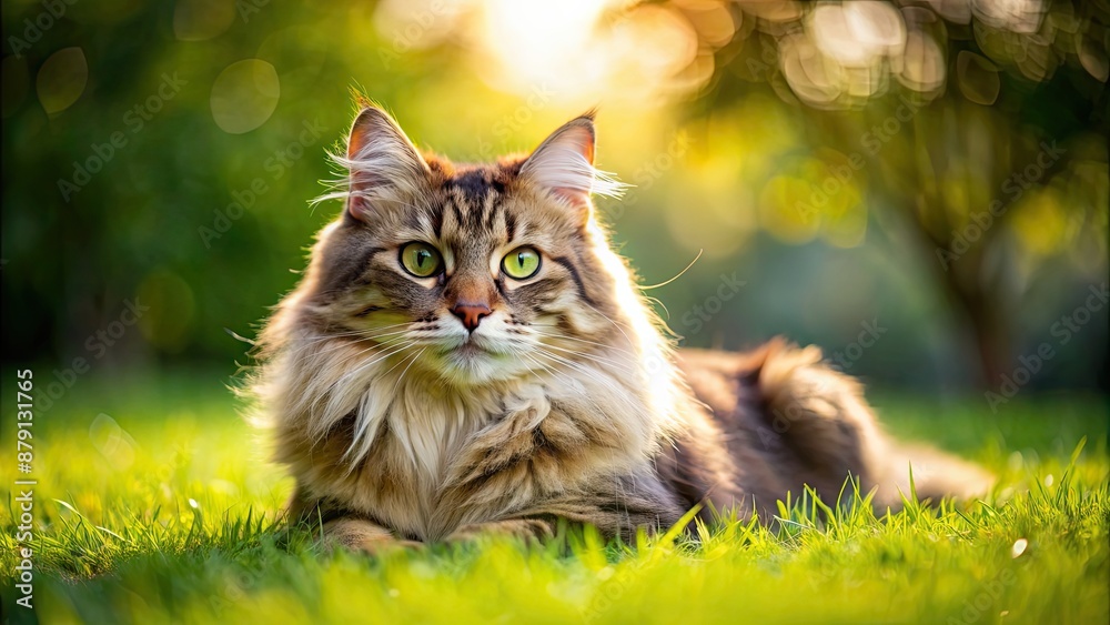 Sticker A fluffy cat lounging on vibrant green grass , cat, grass, feline, outdoor, relaxation, nature, furry, cute, pet, domestic