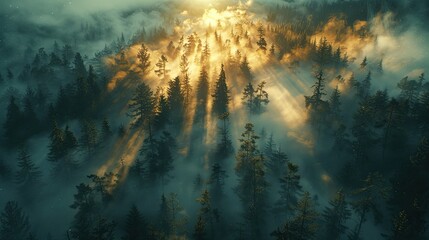 Sunbeams filtering through dense fog in forest