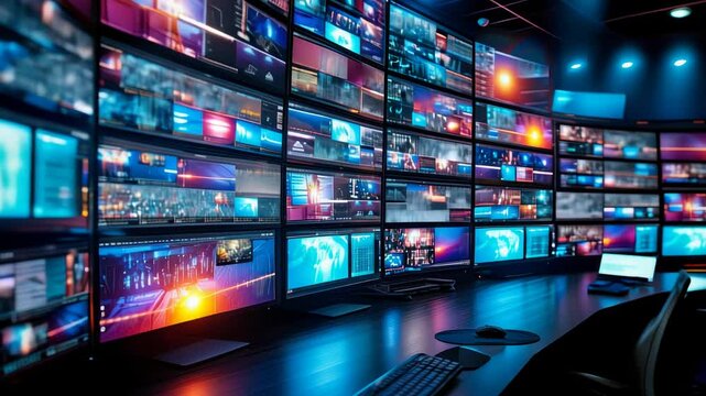 Dynamic Media Broadcast Control Room with Multiple Screens, Surveillance, and Live Broadcasting - Modern Telecommunication Center at Night with High-Tech Monitors and Panels