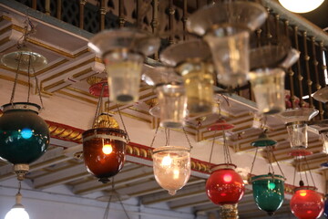Paradesi Synagogue;  Antique chandelier Lights on the ceilings of the Jew Synagogue,Kochi,Kerala,India