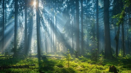 Sunbeams filtering through dense fog in forest