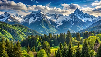 Beautiful mountain view with snow-capped peaks and lush green forests , nature, landscape, mountains, outdoors