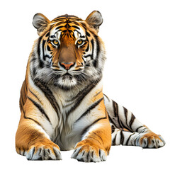 Fototapeta premium Majestic tiger resting on transparent background isolated on transparency PNG background, showcasing its powerful presence and striking striped fur pattern