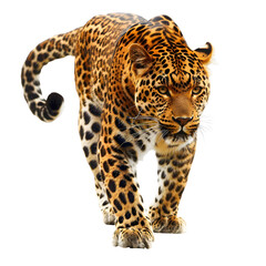 Obraz premium Majestic leopard with striking fur pattern isolated on transparency PNG background, captured mid-stride in a powerful pose. Ideal for nature, wildlife, and animal-themed projects.