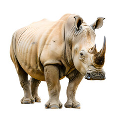 Obraz premium A majestic rhino standing tall isolated on transparency PNG background, showcasing its distinct horns and textured skin in a detailed close-up shot.