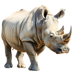 Fototapeta premium A majestic rhinoceros confidently walking isolated on transparency PNG background, showcasing its impressive horn and sturdy body in a natural environment.
