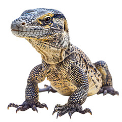 Obraz premium Close-up image of a young monitor lizard isolated on transparency PNG background, showcasing its detailed scales, claws, and expression against .