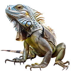 Obraz premium Close-up of a colorful iguana with detailed scales and textures isolated on transparency PNG background, showcasing the reptile's unique and fascinating appearance.