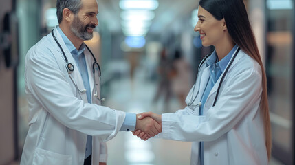 Two doctors shaking hands in a hospital hallway