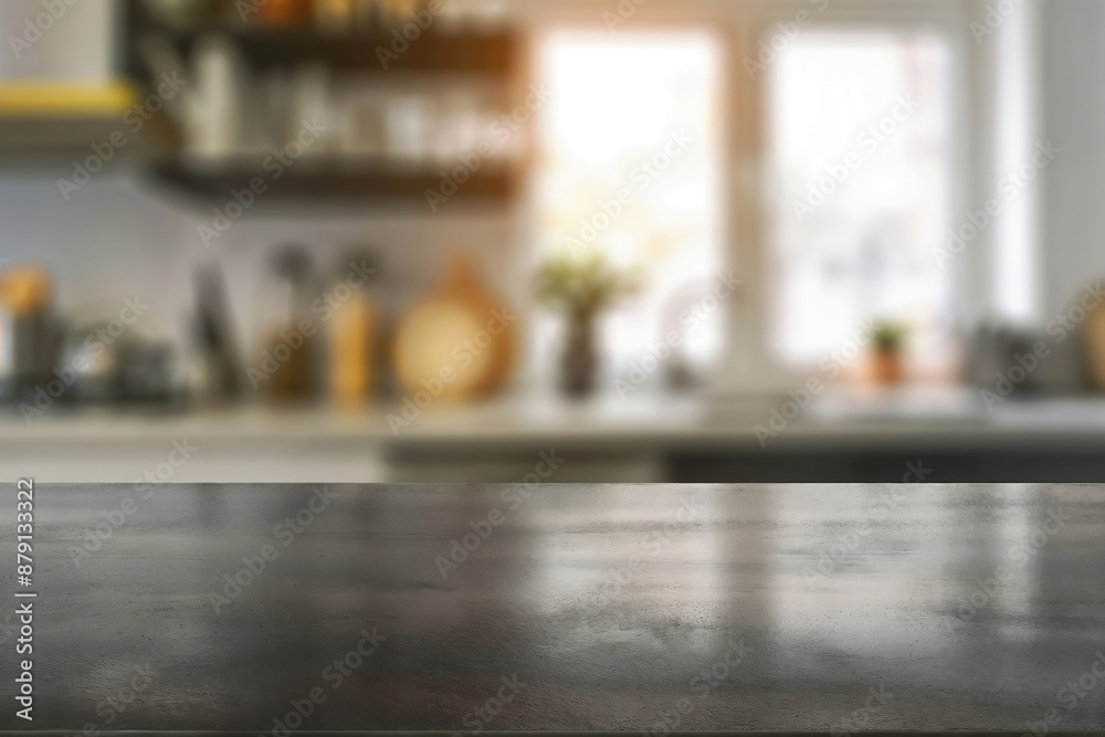 Poster empty gray tabletop reflecting light with blurred kitchen background