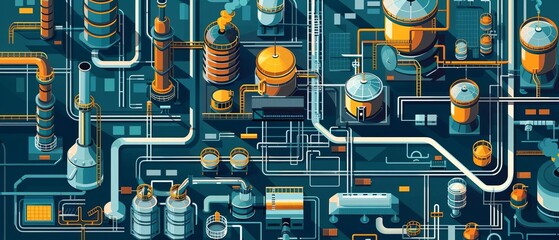 oil refining process flat design top view industrial cartoon drawing vivid