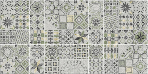 Stone greys and green tiles decor pattern in Mediterranean style antique	