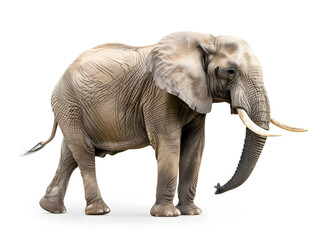 Fototapeta premium A large isolated African elephant with long tusks stands alone on a white background