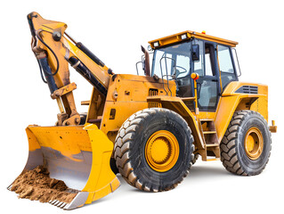 Fototapeta premium A yellow bulldozer, a powerful construction machine with a large bucket for digging earth