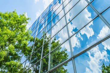 Modern glass building with reflections of trees and sky