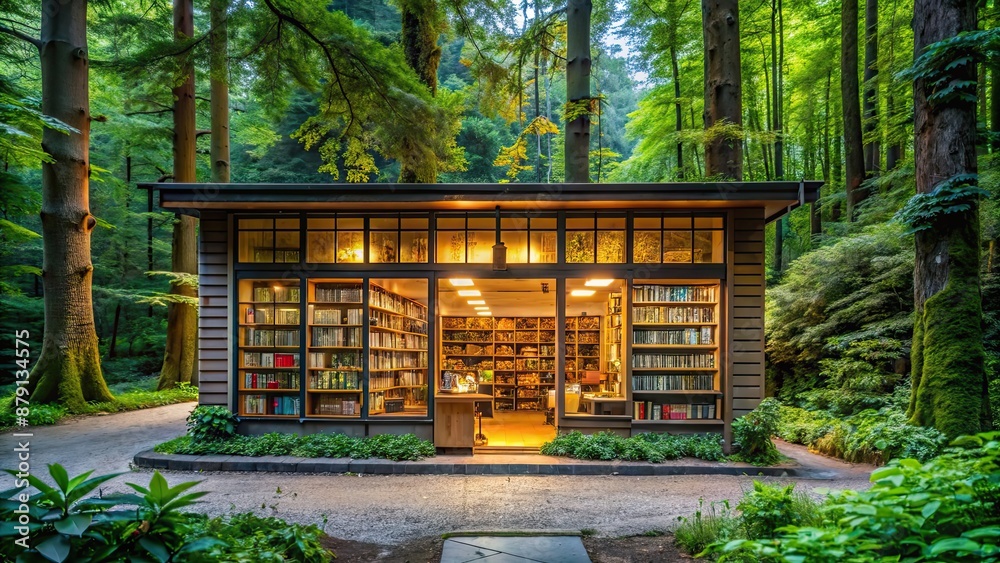 Poster Bookstore nestled in a lush forest setting , bookstore, forest, trees, nature, peaceful, bookstore exterior