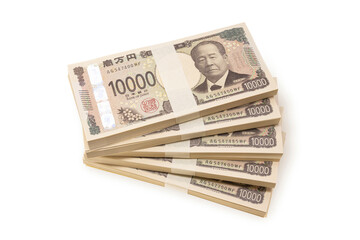 Japan's new banknotes. Image of a pile of five million yen.