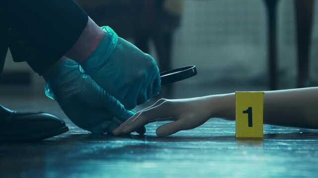 Detective Collecting Evidence in a Crime Scene. Forensic Specialists Making Expertise a Dead Person. Homicide Investigation by Professional Police Officer.