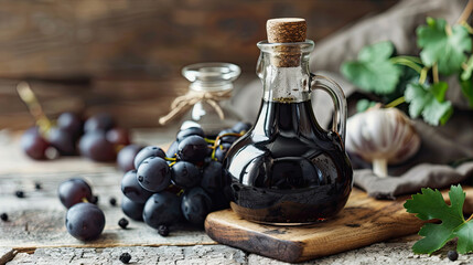 Glass bottles filled with dark grape juice placed on a wooden tray with clusters of fresh grapes and grapevine leaves.
