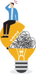 Difficulty in solving problems, out of ideas concept, too many complicated thoughts, confused businessman opens the dead light bulb idea containing a coil of stress messy lines