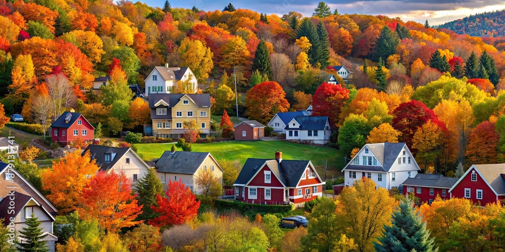 Wall mural Autumn village with colorful foliage and quaint houses , charming, fall, village, autumn, colorful, foliage, quaint