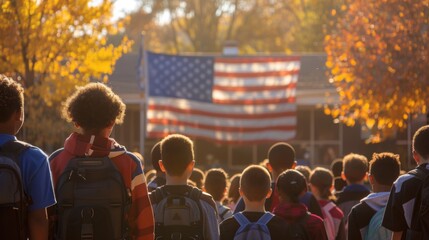 A diverse group of students gathering outdoors for a school assembly, with the American flag prominently displayed in the background.
