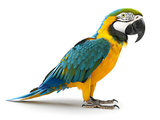 A vibrant blue and yellow macaw (Ara ararauna) with a black beak is perched, showing off its colorful feathers