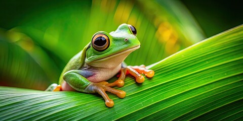 A close-up photo of a frog perched on a vibrant green leaf , frog, leaf, nature, wildlife, amphibian, green, cute