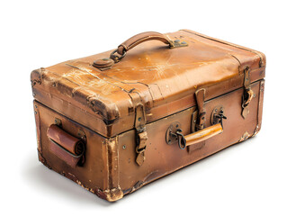 Closed vintage leather suitcase with metal lock, isolated on white background