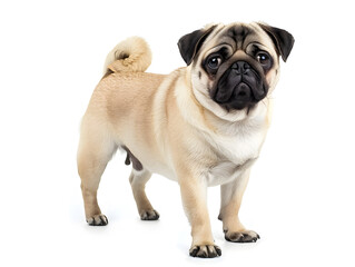 Fototapeta premium Adorable pug puppy or French bulldog pup, playfully sitting isolated on a white background