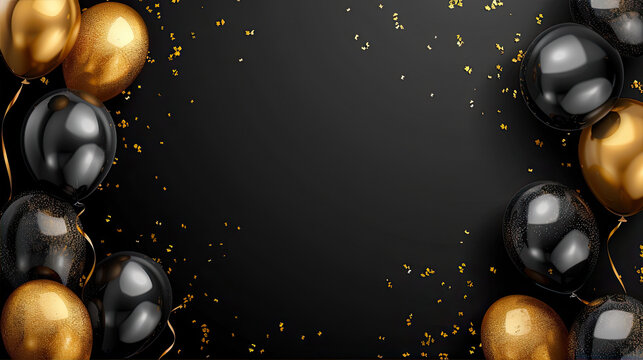 black abstract background with gold and black balloons 