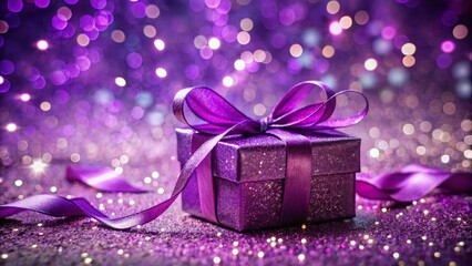 Elegant purple gift box adorned with a lavish ribbon, surrounded by confetti and particles, exuding opulence and sophistication on a celebratory background.