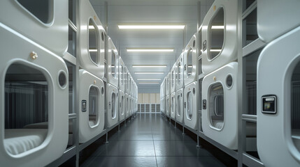 Obraz premium Full-length shot of a facility with rows of youth capsule aggregates, modern and clean design, left third copy space