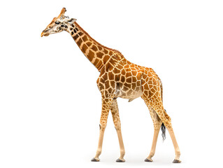 Naklejka premium Tall, isolated giraffe with long neck standing on white background