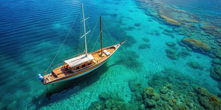 Aerial view of a traditional wooden sailing gulet in turquoise waters, gulet, yacht, boat, classic, wooden, Turkey