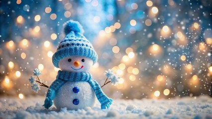 Obraz premium Whimsical snowman adorned with blue hat and scarf stands alone amidst sparkling bokeh lights and gently falling snowflakes.