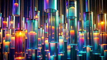 Obraz premium Mesmerizing luminous glass cylinders suspend in mid-air, radiating vibrant colors through intricate light refractions, in a sleek modern 3D animation.