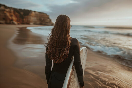Surfer girl with surfboard on beach at sunset, ready to surf