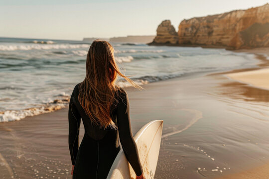 Surfer girl with surfboard on beach, ready to catch waves at sunset