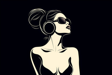 A woman with headphones on and sunglasses on her face. She is wearing a black bra and a black shirt