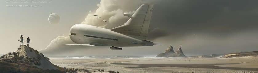 A large white airship flies through a cloudy sky over a desolate landscape.
