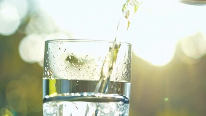 clean drinking water from a bottle poured into a glass over sunlight and natural background.