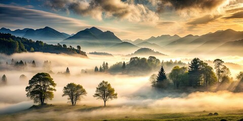 A mysterious foggy landscape with trees and mountains in the background, fog, mist, nature, landscape, ethereal, surreal