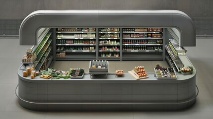 Obraz premium A minimalist, modern grocery store with shelves stocked with various products and an empty counter.