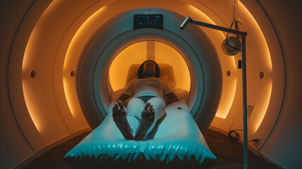 Person inside a youth capsule with sound healing instruments nearby, innovative and synergistic, left third copy space